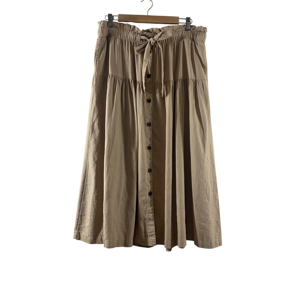 Universal Thread Tan Linen Blend Button Front Paperbag Midi Skirt Pockets‎ Large